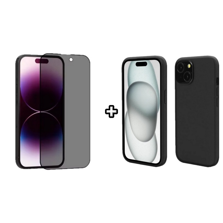 Set Husa Silicon plus Folie din sticla Privacy compatibila cu Apple iPhone 15 Plus, neagra, HQM Protection