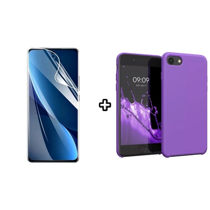 Set Husa Silicon plus Folie din sticla Transparenta compatibila cu Apple iPhone 7 Plus, mov, HQM Protection