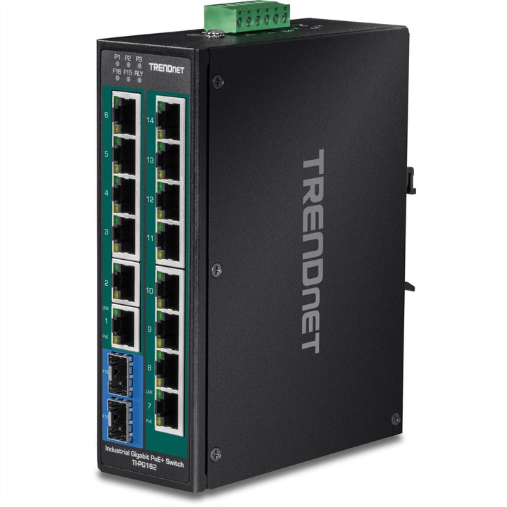 Ipari Gigabit PoE+ DIN-sínre szerelhető switch, TRENDnet TI-PG162, 16 portos, 240W, fekete