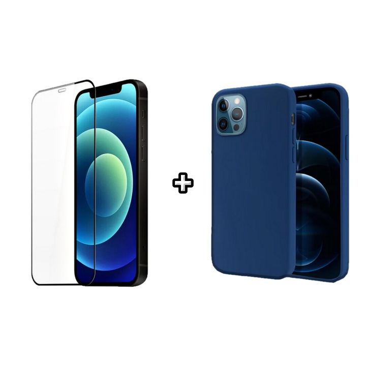 Set Husa Silicon plus Folie din silicon transparenta compatibila cu Apple iPhone 11 Pro, albastra, HQM Protection