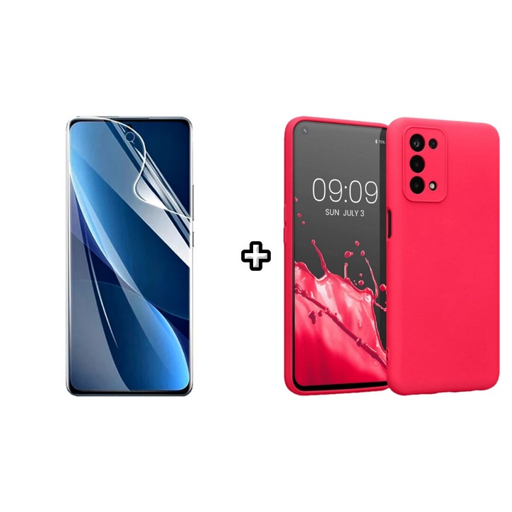 Set Husa Silicon plus Folie din sticla Transparenta compatibila cu OPPO A72, roz neon, HQM Protection