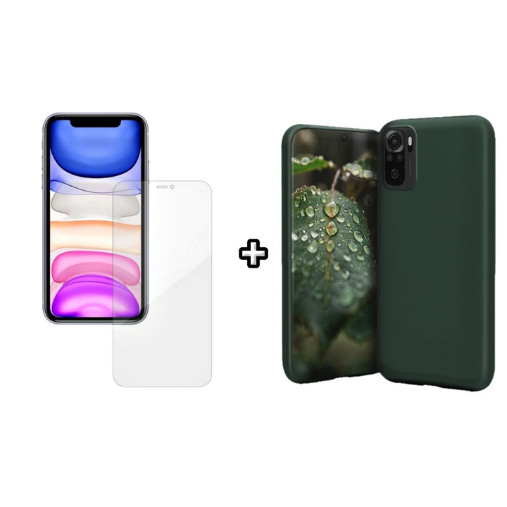 Set Husa Silicon plus Folie din silicon Case Friendly compatibila cu Xiaomi Redmi Note 10 Pro, verde inchis, HQM Protection