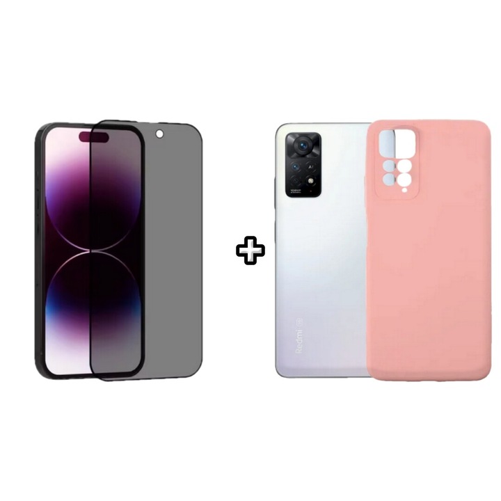 Set Husa Silicon plus Folie din sticla Privacy compatibila cu Xiaomi Redmi Note 11 Pro, roz pudra, HQM Protection