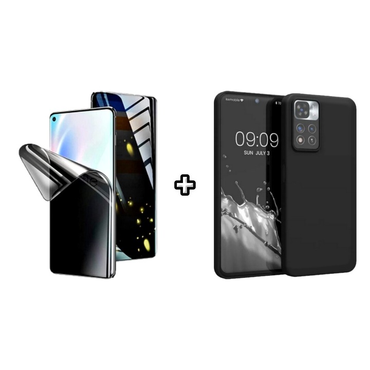 Set Husa Silicon plus Folie din silicon Privacy compatibila cu Xiaomi Redmi Note 11 Pro, neagra, HQM Protection