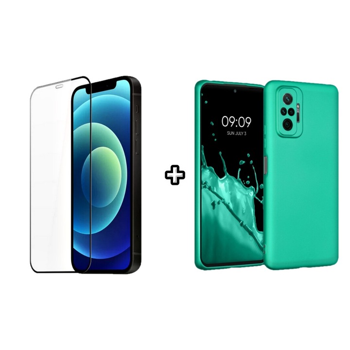 Set Husa Silicon plus Folie din silicon transparenta compatibila cu Xiaomi Redmi Note 10 Pro, menta, HQM Protection