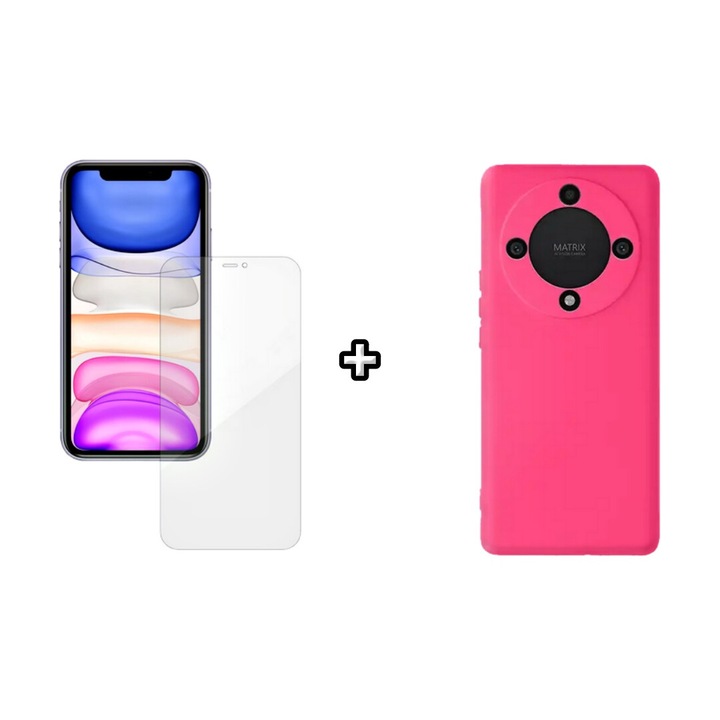 Set Husa Silicon plus Folie din silicon Case Friendly compatibila cu Honor Magic5 Lite, roz neon, HQM Protection