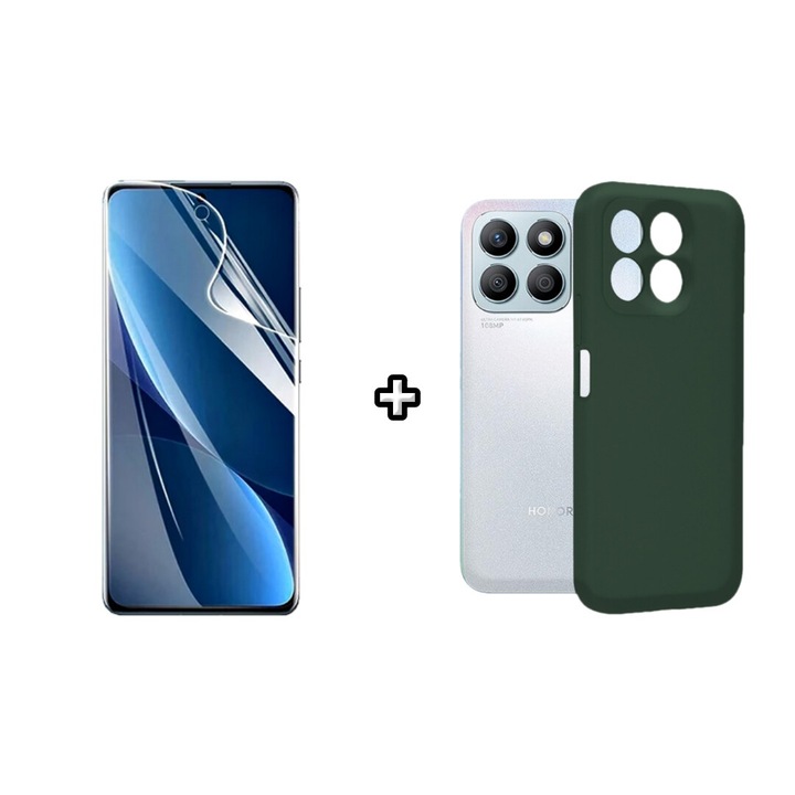 Set Husa Silicon plus Folie din sticla Transparenta compatibila cu Honor X8b, verde inchis, HQM Protection