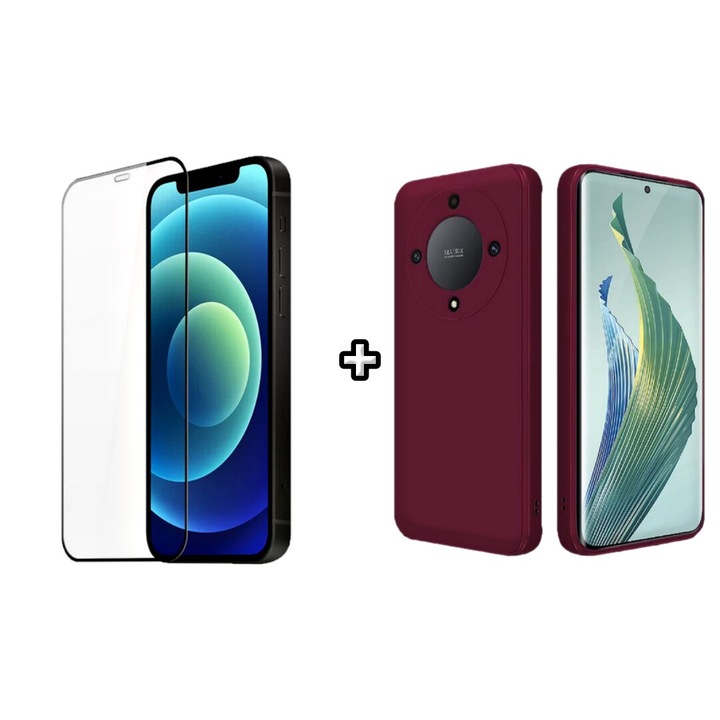 Set Husa Silicon plus Folie din silicon transparenta compatibila cu Honor Magic6 Lite, visinie, HQM Protection