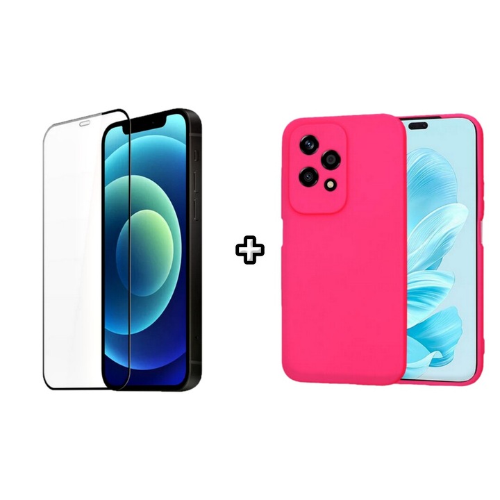 Set Husa Silicon plus Folie din silicon transparenta compatibila cu Honor 200 Lite, roz neon, HQM Protection