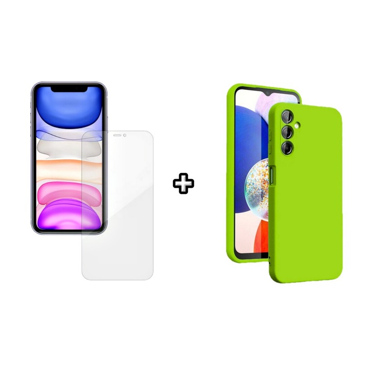 Set Husa Silicon plus Folie din silicon Case Friendly compatibila cu Samsung Galaxy A55, verde neon, HQM Protection
