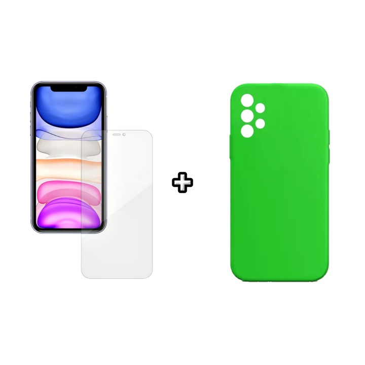 Set Husa Silicon plus Folie din silicon Case Friendly compatibila cu Samsung Galaxy A52, verde neon, HQM Protection