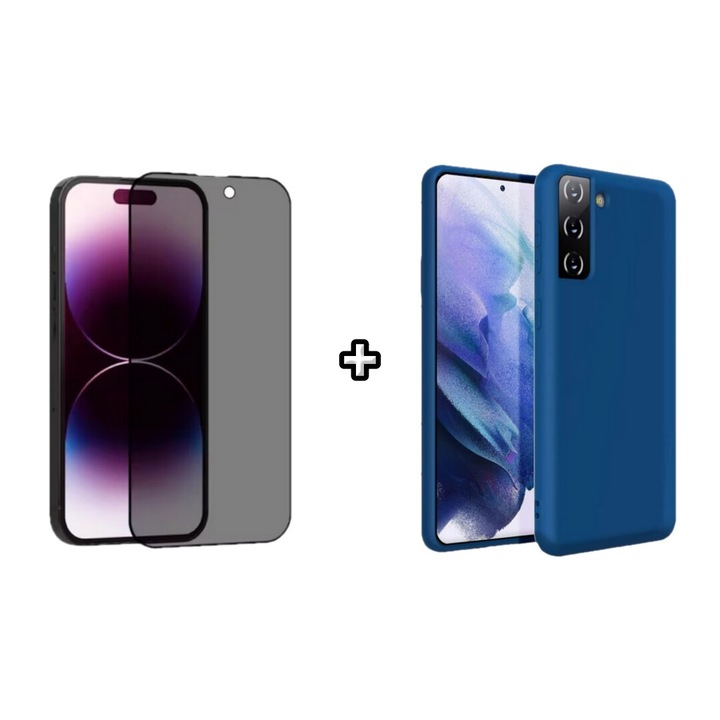 Set Husa Silicon plus Folie din sticla Privacy compatibila cu Samsung Galaxy S21 FE, albastra, HQM Protection