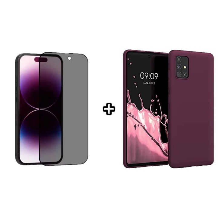 Set Husa Silicon plus Folie din sticla Privacy compatibila cu Samsung Galaxy A71 4G, visinie, HQM Protection