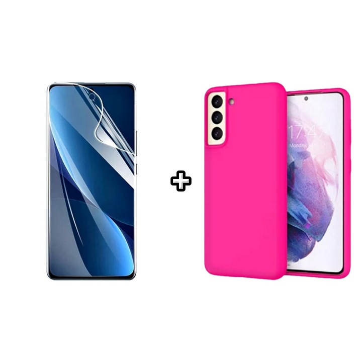 Set Husa Silicon plus Folie din sticla Transparenta compatibila cu Samsung Galaxy S23, roz neon, HQM Protection