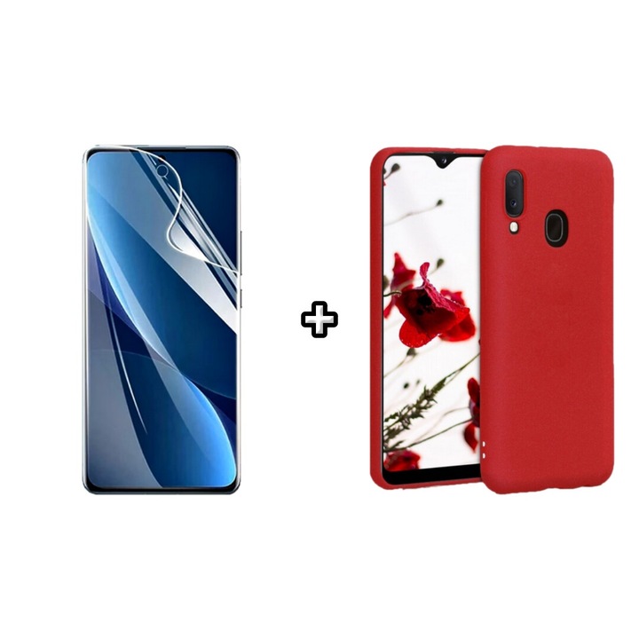 Set Husa Silicon plus Folie din sticla Transparenta compatibila cu Samsung Galaxy A20E, rosie, HQM Protection