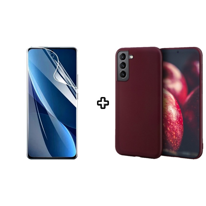 Set Husa Silicon plus Folie din sticla Transparenta compatibila cu Samsung Galaxy S23 FE, visinie, HQM Protection
