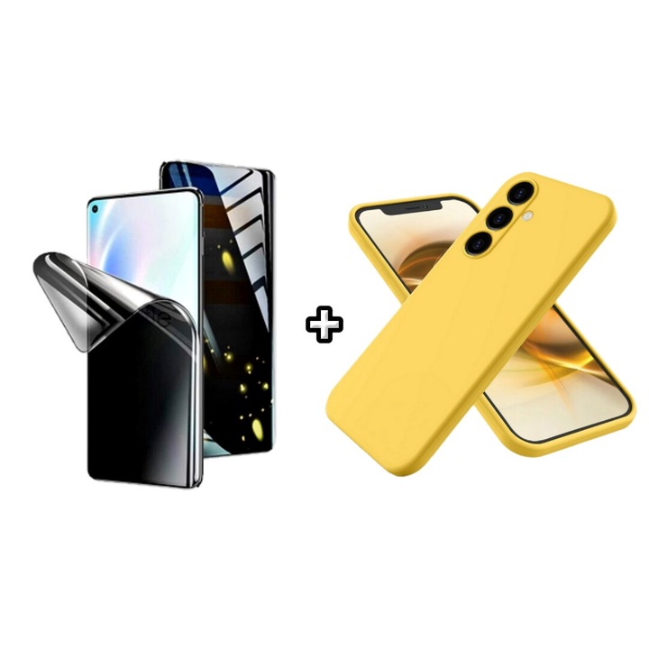 Set Husa Silicon plus Folie din silicon Privacy compatibila cu Samsung Galaxy A25, galbena, HQM Protection