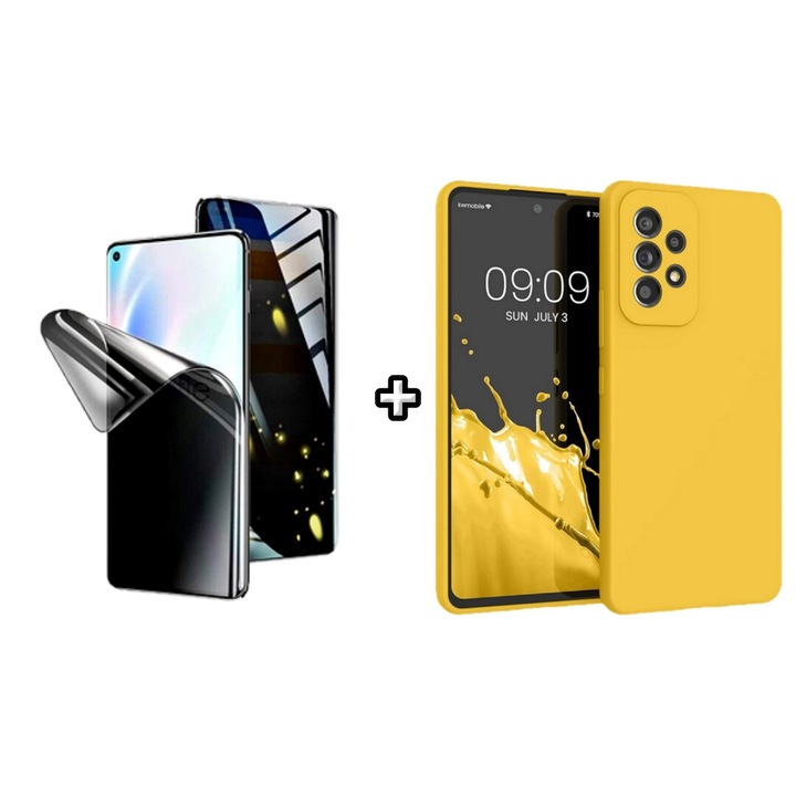 Set Husa Silicon plus Folie din silicon Privacy compatibila cu Samsung Galaxy A32 4G, galbena, HQM Protection