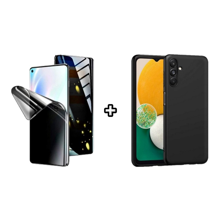 Set Husa Silicon plus Folie din silicon Privacy compatibila cu Samsung Galaxy A55, neagra, HQM Protection