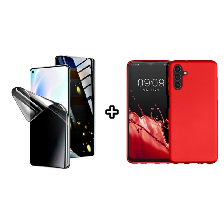 Set Husa Silicon plus Folie din silicon Privacy compatibila cu Samsung Galaxy A55, rosie, HQM Protection