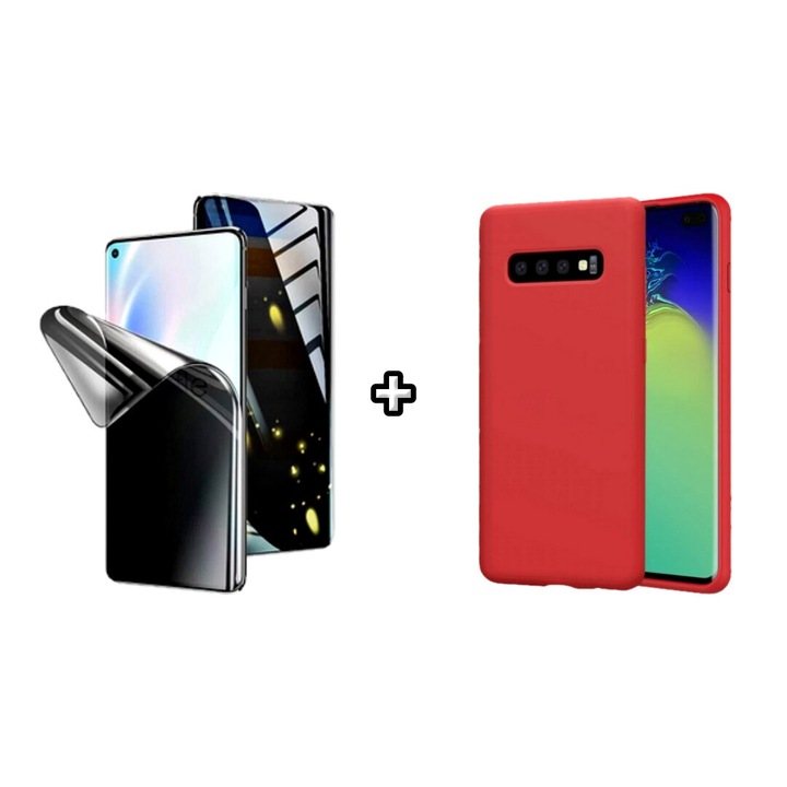 Set Husa Silicon plus Folie din silicon Privacy compatibila cu Samsung Galaxy S10 Plus, rosie, HQM Protection