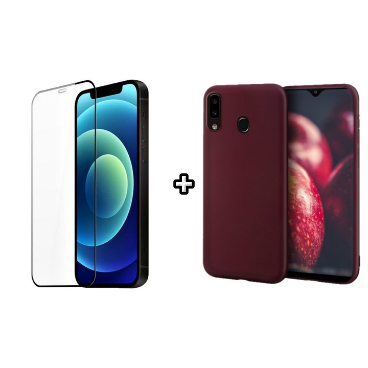 Set Husa Silicon plus Folie din silicon transparenta compatibila cu Samsung Galaxy A40, visinie, HQM Protection