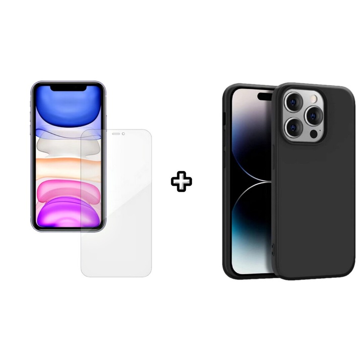 Set Husa Silicon plus Folie din silicon Case Friendly compatibila cu Apple iPhone 15 Pro Max, neagra, HQM Protection