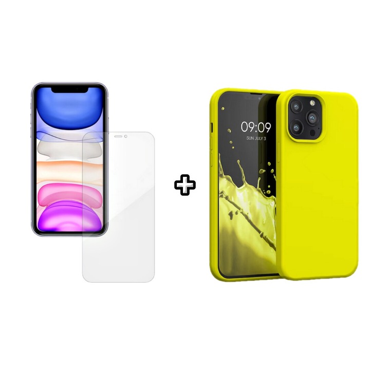 Set Husa Silicon plus Folie din silicon Case Friendly compatibila cu Apple iPhone 16 Pro Max, galben, HQM Protection