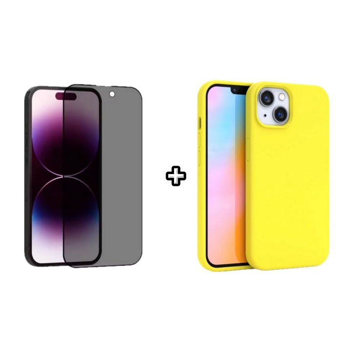 Set Husa Silicon plus Folie din sticla Privacy compatibila cu Apple iPhone 15 Plus, galben, HQM Protection