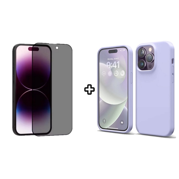 Set Husa Silicon plus Folie din sticla Privacy compatibila cu Apple iPhone 15 Pro, mov, HQM Protection