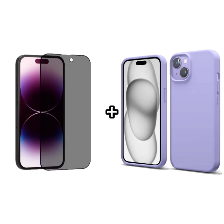 Set Husa Silicon plus Folie din sticla Privacy compatibila cu Apple iPhone 14 Plus, mov, HQM Protection