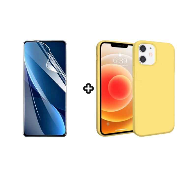Set Husa Silicon plus Folie din sticla Transparenta compatibila cu Apple iPhone 11, galbena, HQM Protection