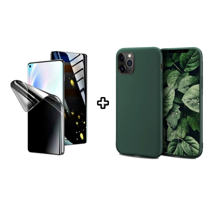 Set Husa Silicon plus Folie din silicon Privacy compatibila cu Apple iPhone 12 Pro Max, verde inchis, HQM Protection