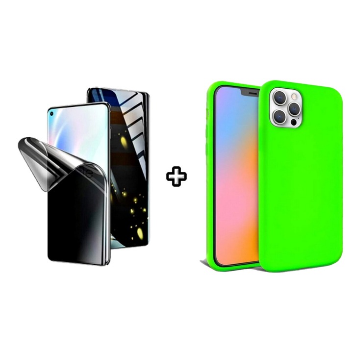 Set Husa Silicon plus Folie din silicon Privacy compatibila cu Apple iPhone 11 Pro, verde neon, HQM Protection
