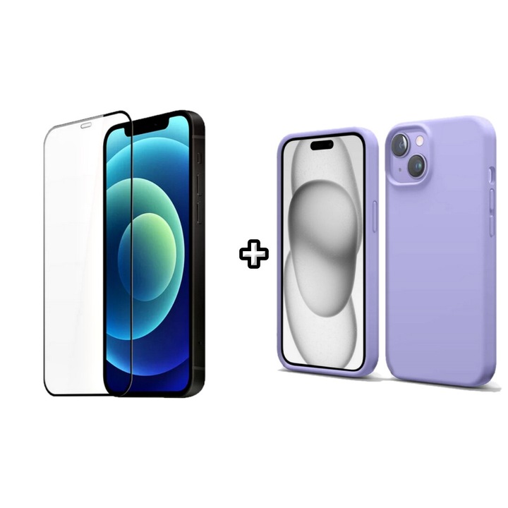 Set Husa Silicon plus Folie din silicon transparenta compatibila cu Apple iPhone 15 Plus, mov, HQM Protection