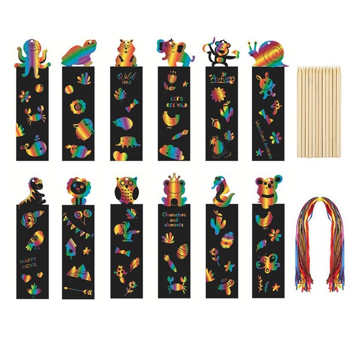 Pachet de 24 de semne de carte cu imagini de razuit pentru copii, semne de carte cu animale curcubeu DIY, semne de carte amuzante cu 24 de pixuri din lemn si 24 de panglici, imagine de razuit pentru copii, elevi, fete, cadou de ziua de nastere