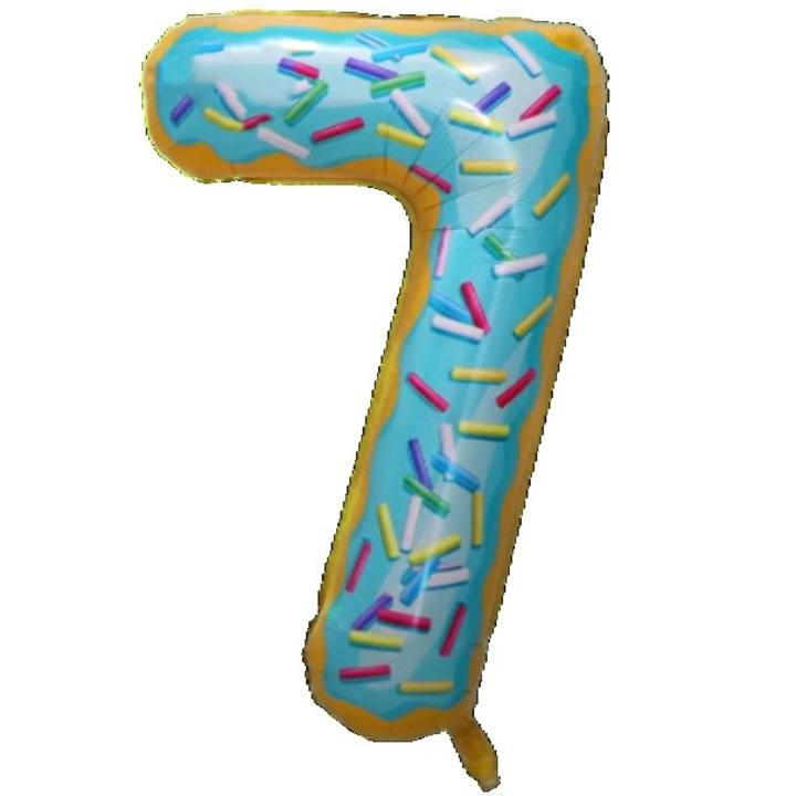 Метален фолиен балон Cyrax, Фигурка с числа, щампа на поничка, Тема за рожден ден 100 см, Индивидуална опаковка, Включена сламка, Надут с въздух или хелий, Многоцветен, Номер 7