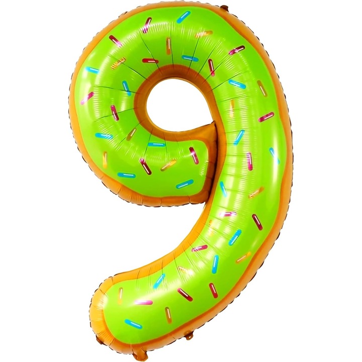 Leski Fólia Lufi, Szám Figura, Fánk Mintás, Születésnapi Tématika 100 cm, Egyedi Csomagolás, Szívószál Tartozék, Levegővel vagy Héliummal Fújható, Többszínű, 9-es Szám
