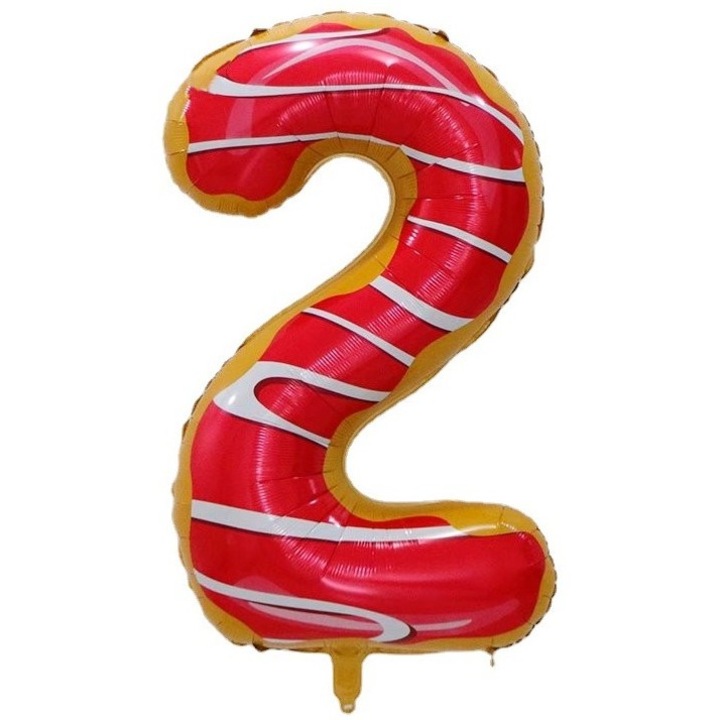 Метален фолиен балон Cyrax, Фигурка с цифри, Принт на поничка, Тема за рожден ден 100 см, Индивидуална опаковка, Включена сламка, Надут с въздух или хелий, Многоцветен, Номер 2