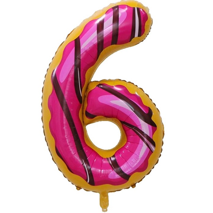 Балон Cyrax от метално фолио, Фигурка с цифри, Принт на поничка, Тема за рожден ден 100 см, Индивидуална опаковка, Включена сламка, Надут с въздух или хелий, Многоцветен, Номер 6