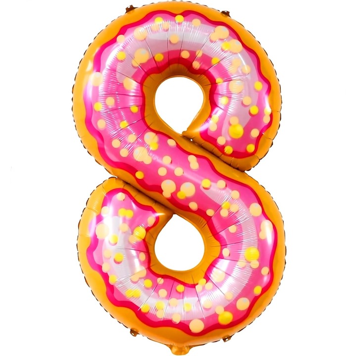 Cyrax metál fólia lufi, számfigura, fánk minta, születésnapi téma 100 cm, egyedi csomagolás, szívószál mellékelve, levegővel vagy héliummal felfújható, többszínű, 8-as szám