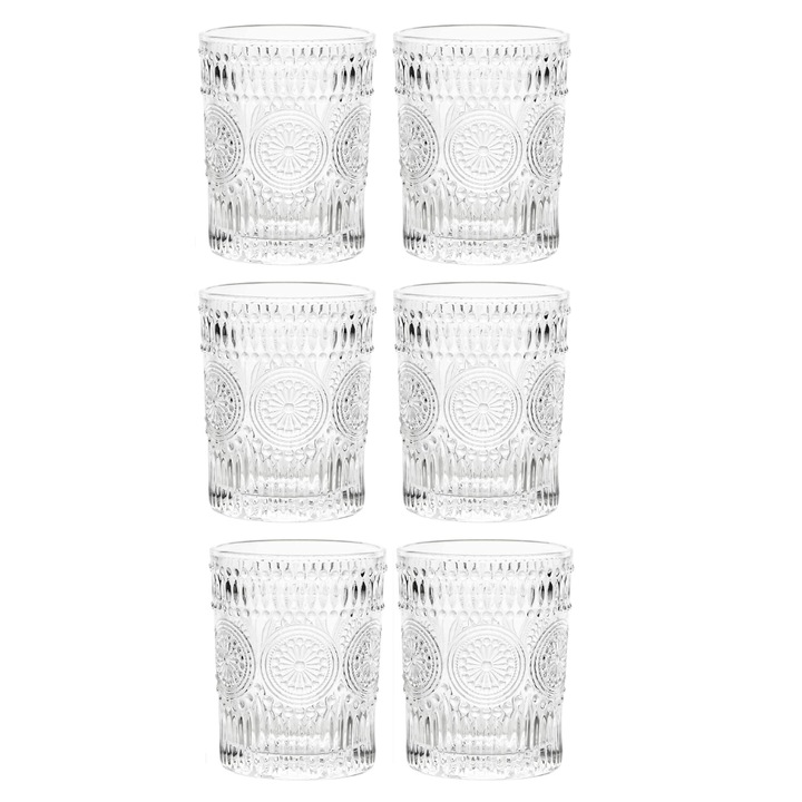 Set de 6 pahare din sticla cu design romantic, Lawei, pentru orice tip de bautura, 280 ml, transparent