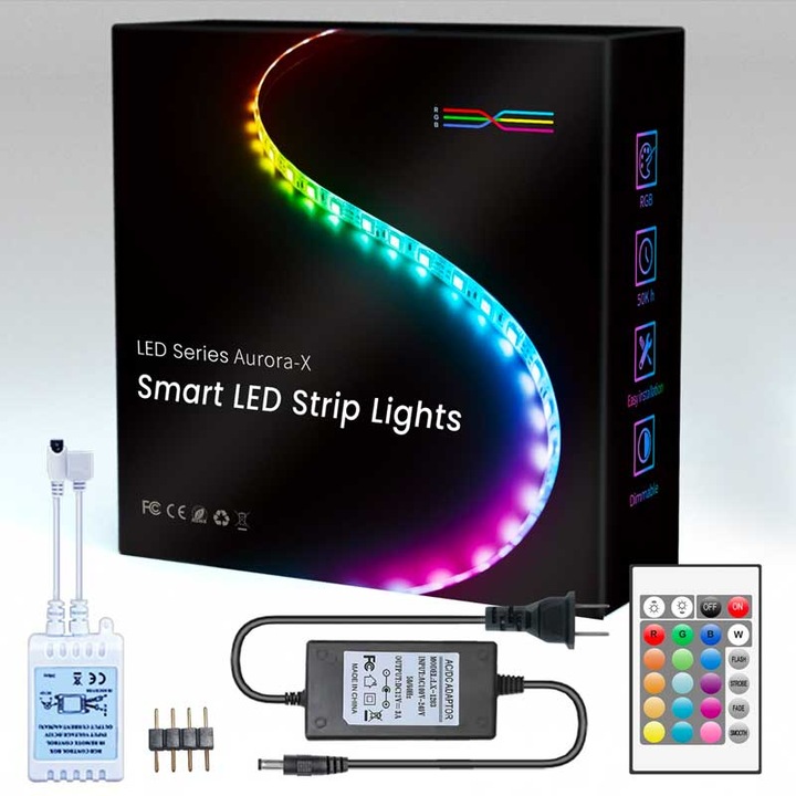 RGB LED szalag, Komplett Plug & Play Kit, Hossz 5 m, Tartozékok