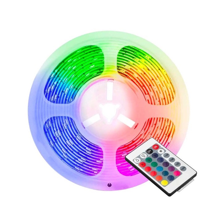 RGB LED лента, Самозалепваща се, със захранване и дистанционно управление, A+, 20м дължина