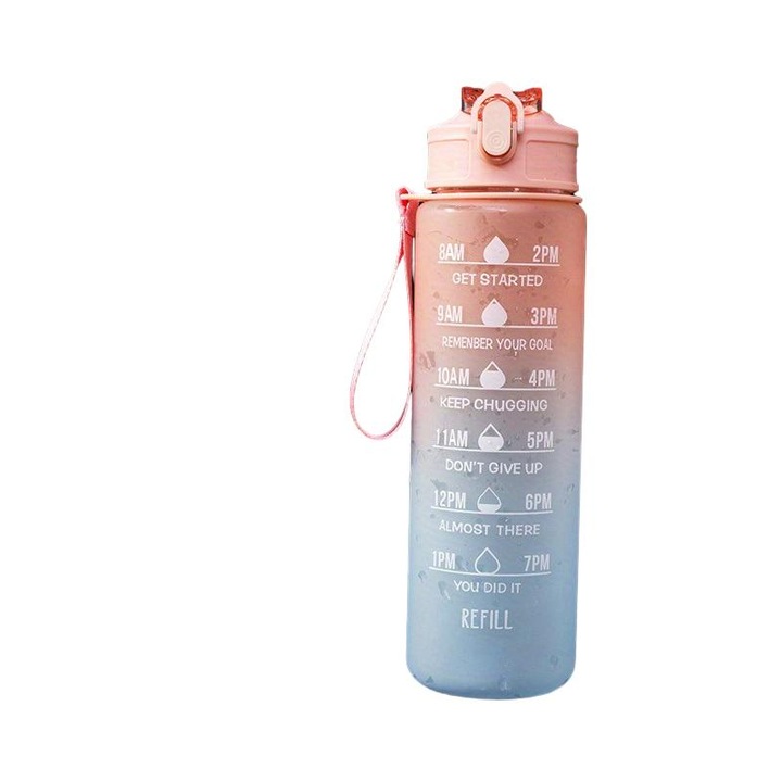Мотивираща бутилка за вода 32oz/900mL със сламка и маркер за време, розово-синя, за фитнес, с каишка за носене