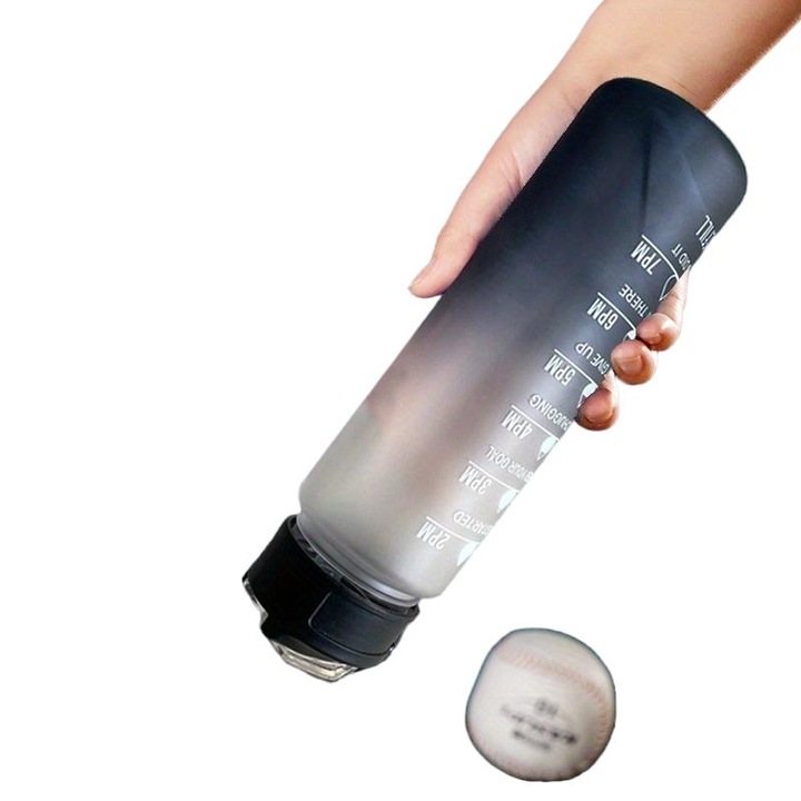 Мотивираща бутилка за вода 32oz/900mL със сламка и маркировка за време, сиво-черна, за фитнес, училище, туризъм