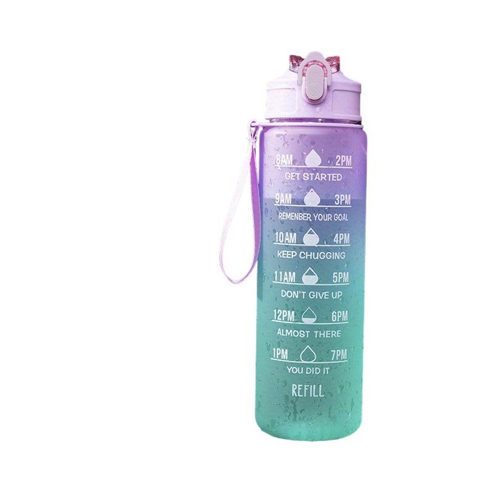 Mmgoqqt 32oz/900mL бутилка за вода със сламка и маркер за време, лилаво-зелена, за фитнес и туризъм
