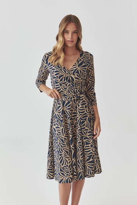Tatuum, Rochie evazata cu model grafic, Albastru inchis/Maro camel, XS
