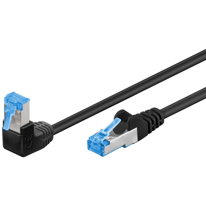 LAN кабел, CAT 6A, S/FTP, 90 градуса ъгъл, 2 м, черен