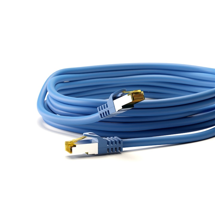 Пач кабел RJ45, CAT 6A S/FTP (PiMF), 500 MHz, CAT 7, Необработени кабели, Син, 15 м